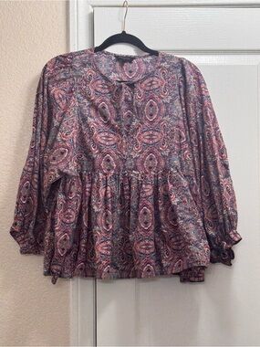Banana Republic Paisley Babydoll Peasant Blouse Puff Sleeve Cotton